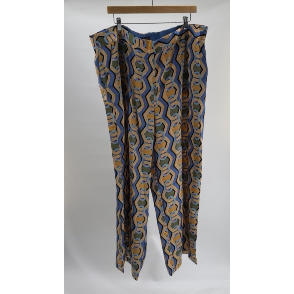 Tahari ASL Printed Mid Rise Wide Blue Gold Chains Dress Work Pants Plus Size 18W